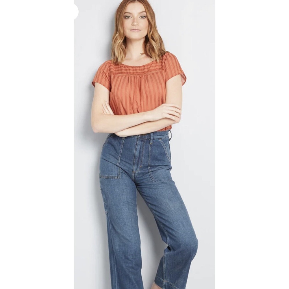 Modcloth Blouse Womens Medium Orange Short Sleeve Sheer Striped Linen Blend